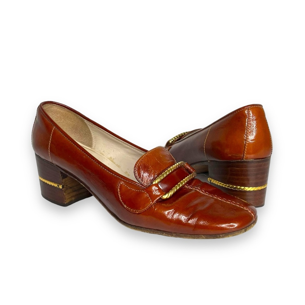 VTG Gucci Cognac Brown Leather Stacked Heel Twisted Gold Metal Loafer Pump 5.5